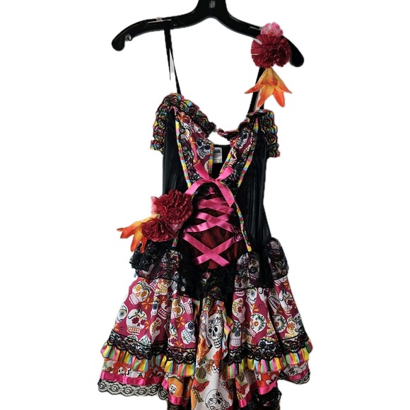 Party King Day Of the Dead Print Dress Skull‎ Floral Ruffle Ribbon Halloween M - Picture 1 of 9